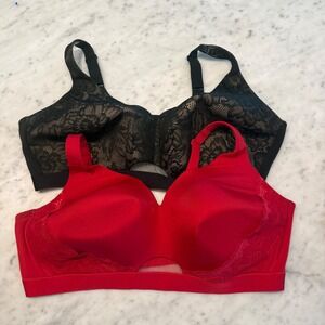 Cacique 48DDD Lightly Lined No-Wire Bra Set of 2 Red Lace & Black Lace Plus Size